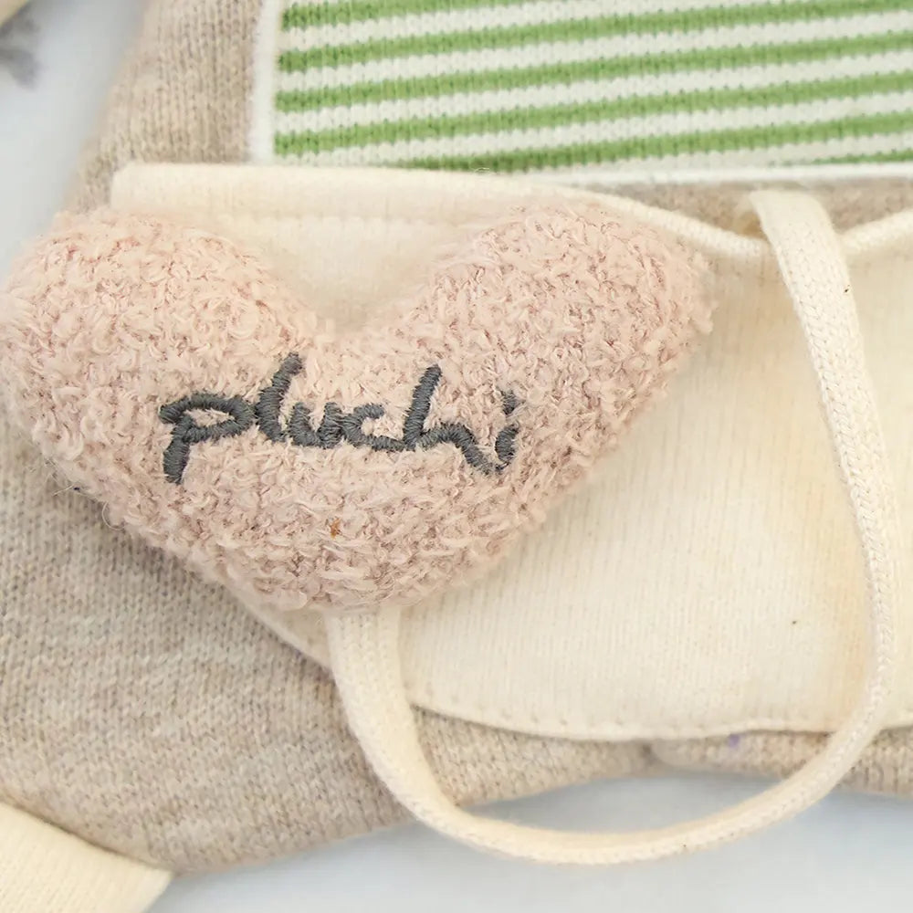 Pluchi Snuggle &amp; Crinkle Ele - Cuddle Cotton Knitted Stuffed Soft Toy - Green, Natural and Light Beige Melange