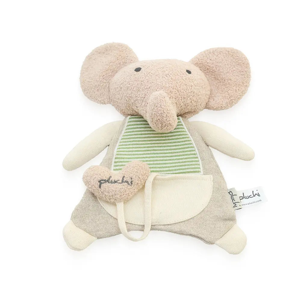 Pluchi Snuggle &amp; Crinkle Ele - Cuddle Cotton Knitted Stuffed Soft Toy - Green, Natural and Light Beige Melange