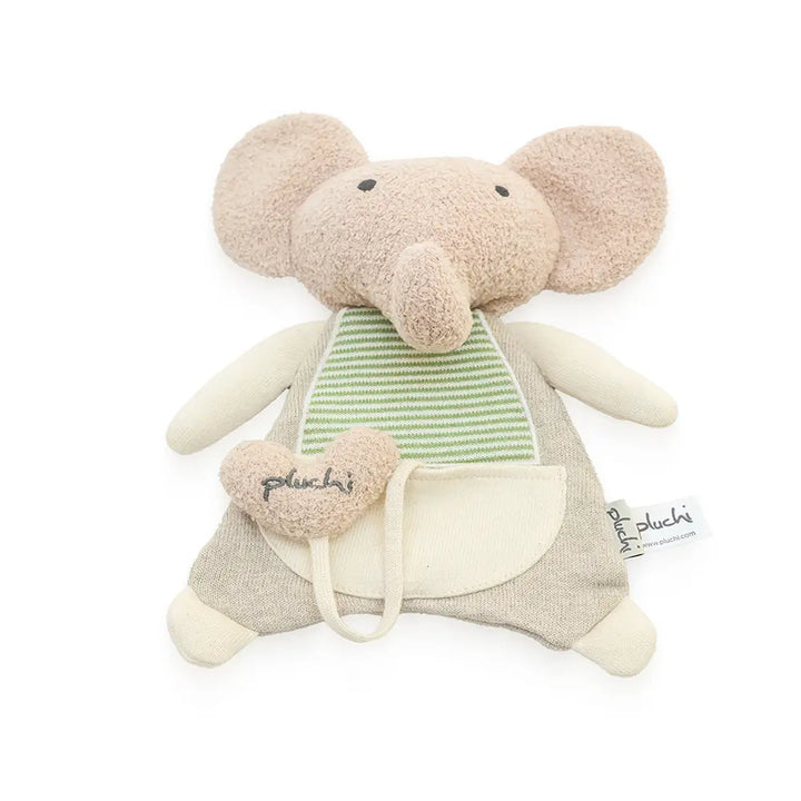 Pluchi Snuggle &amp; Crinkle Ele - Cuddle Cotton Knitted Stuffed Soft Toy - Green, Natural and Light Beige Melange