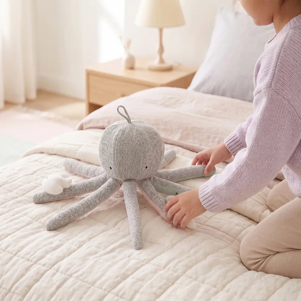 Pluchi Rattle &amp; Wiggle Octopus SensoryÂ ToyÂ Cotton Knitted Stuffed Soft Toy - Grey