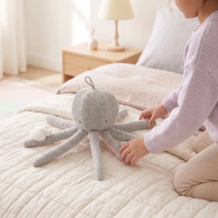 Pluchi Rattle &amp; Wiggle Octopus SensoryÂ ToyÂ Cotton Knitted Stuffed Soft Toy - Grey