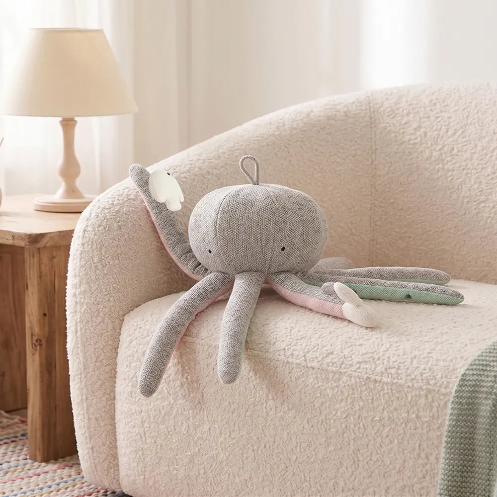 Pluchi Rattle &amp; Wiggle Octopus SensoryÂ ToyÂ Cotton Knitted Stuffed Soft Toy - Grey