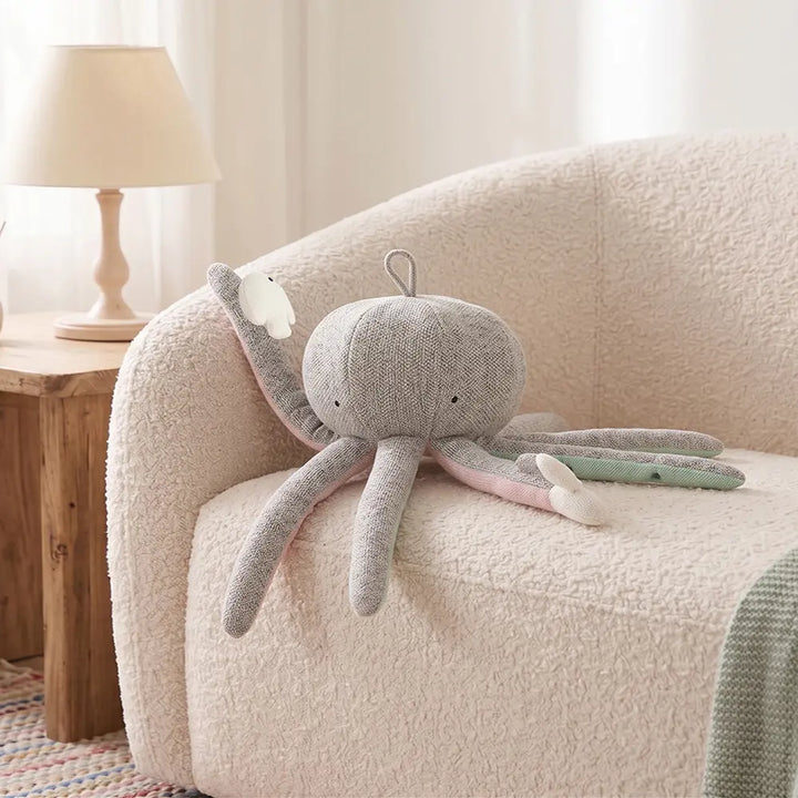 Pluchi Rattle &amp; Wiggle Octopus SensoryÂ ToyÂ Cotton Knitted Stuffed Soft Toy - Grey
