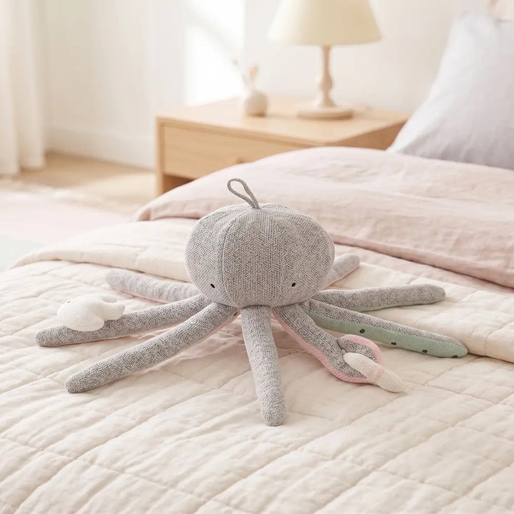 Pluchi Rattle &amp; Wiggle Octopus SensoryÂ ToyÂ Cotton Knitted Stuffed Soft Toy - Grey