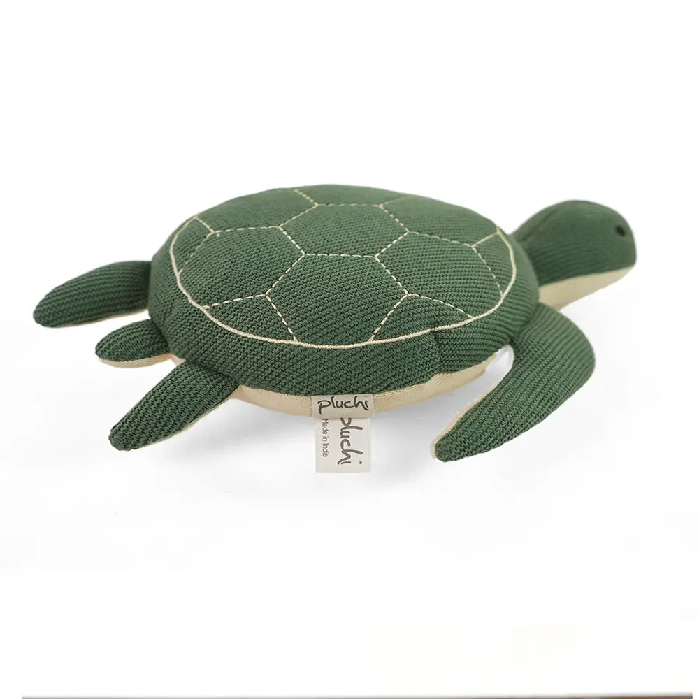 Pluchi Waddles Turtle Cotton Knitted Stuffed Soft Toy - Duke Green &amp; Natural