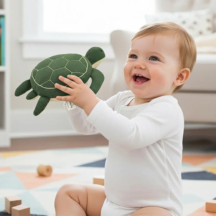 Pluchi Waddles Turtle Cotton Knitted Stuffed Soft Toy - Duke Green &amp; Natural