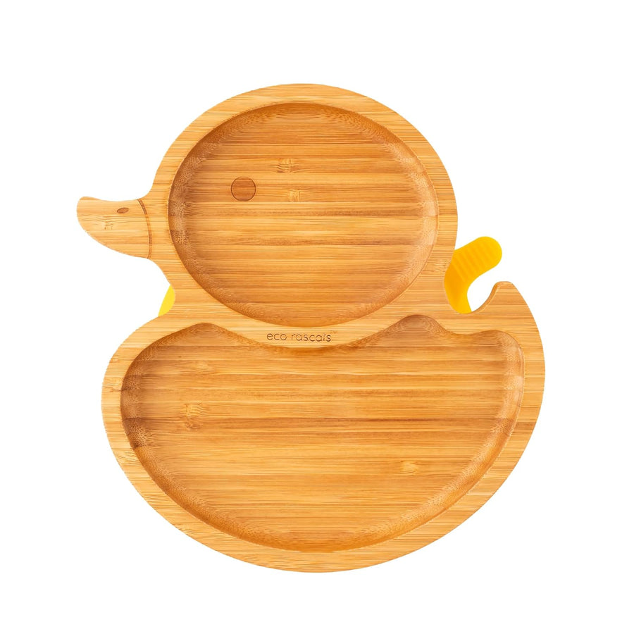 Eco Rascals Bamboo Duck Shaped Plate - Baby Led Weaning, 2 Section Plate - Non Toxic, Natural Bamboo with Strong Suction, FDA Approved, 100% Silicone Suction Bases, BPA-PVC Free
