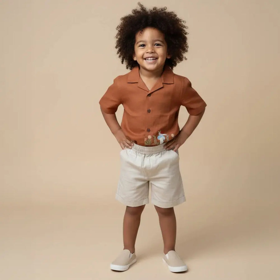 PureCloth.Co Snail Trail Boys Cotton Shirt and Shorts Set - Rust Orange & Cream