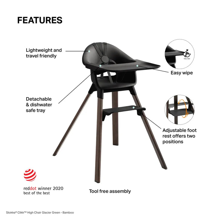 Stokke® Clikk™ High Chair  – Lightweight, Tool-Free Assembly, Adjustable Footrest, Travel-Friendly, 5 - Point Harness Easy-Clean Highchair for Babies &amp; Toddlers (6–36 Months, Up to 15 kg) - Warm Brown