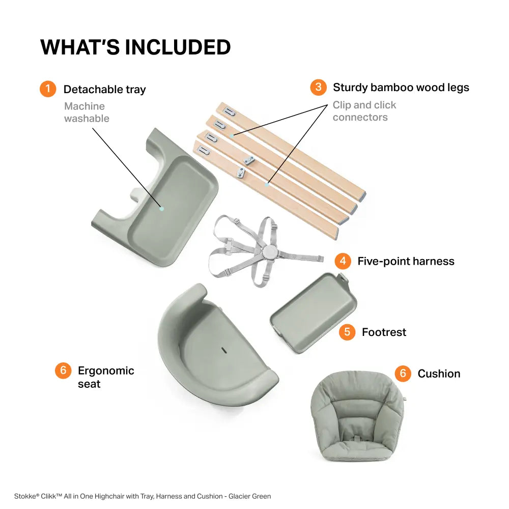 Stokke® Clikk™ High Chair - Glacier Green with Cushion and Travel Bag, Lightweight Portable Highchair for Baby and Toddler, Tool-Free Assembly, Easy to Clean, 5-Point Harness (6 to 36 Months) - Glacier Green/Glacier Green