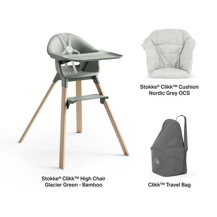 Stokke® Clikk™ High Chair - Glacier Green with Cushion and Travel Bag, Lightweight Portable Highchair for Baby and Toddler, Tool-Free Assembly, Easy to Clean, 5-Point Harness (6 to 36 Months) - Glacier Green/Nordic Grey