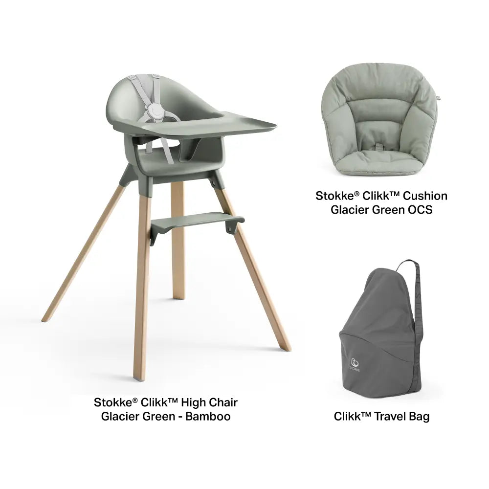 Stokke® Clikk™ High Chair - Glacier Green with Cushion and Travel Bag, Lightweight Portable Highchair for Baby and Toddler, Tool-Free Assembly, Easy to Clean, 5-Point Harness (6 to 36 Months) - Glacier Green/Glacier Green