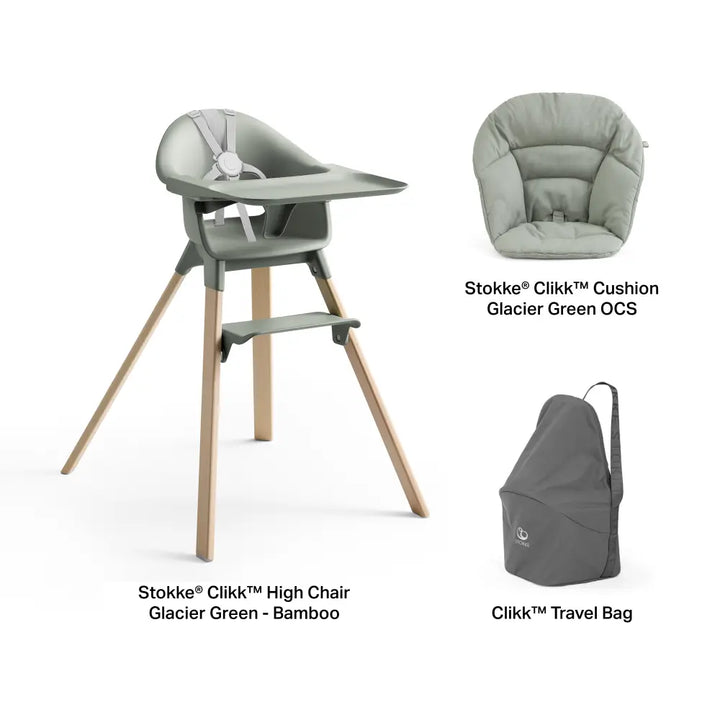 Stokke® Clikk™ High Chair - Glacier Green with Cushion and Travel Bag, Lightweight Portable Highchair for Baby and Toddler, Tool-Free Assembly, Easy to Clean, 5-Point Harness (6 to 36 Months) - Glacier Green/Glacier Green