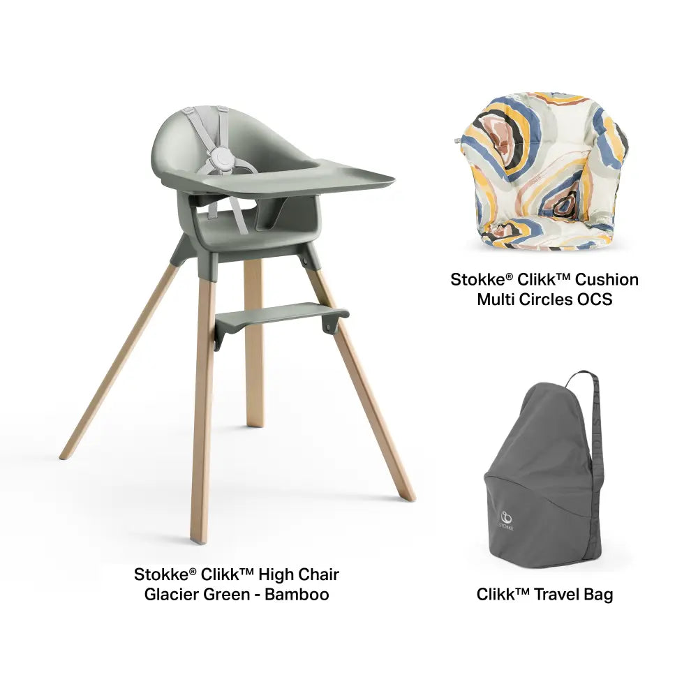 Stokke® Clikk™ High Chair - Glacier Green with Cushion and Travel Bag, Lightweight Portable Highchair for Baby and Toddler, Tool-Free Assembly, Easy to Clean, 5-Point Harness (6 to 36 Months) - Glacier Green/Multi Circles