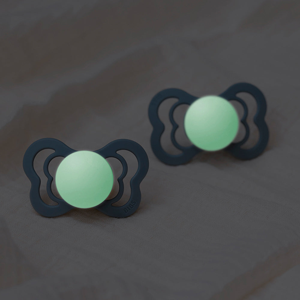 BIBS Glow in the Dark Silicone Symmetrical Nipple Pacifier Size 2 - Pack of 2 (Supreme) - Blush & Vanilla