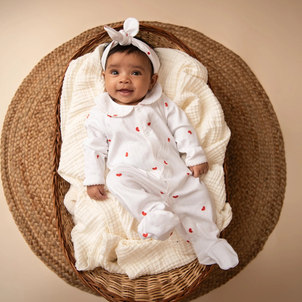 Cot &amp; Candy Baby Organic Footed Sleepsuit - Sweetheart stripe Print + Pink Marshmallow