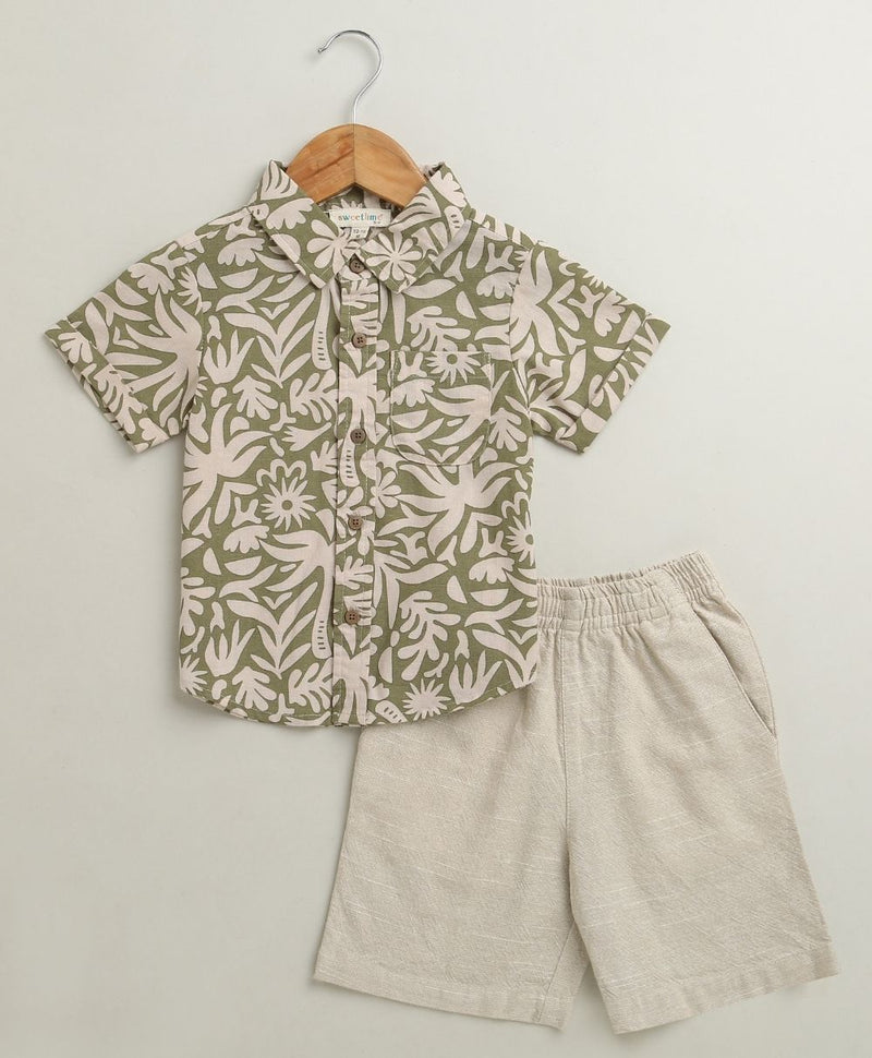Sweetlime By AS Baby Boys Tropical Bloom Cotton Co-ord Set - Olive &amp; Beige