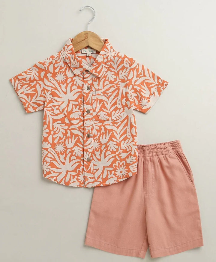 Sweetlime By AS Baby Boys Tropical Bloom Cotton Co-ord Set - Orange &amp; Peach