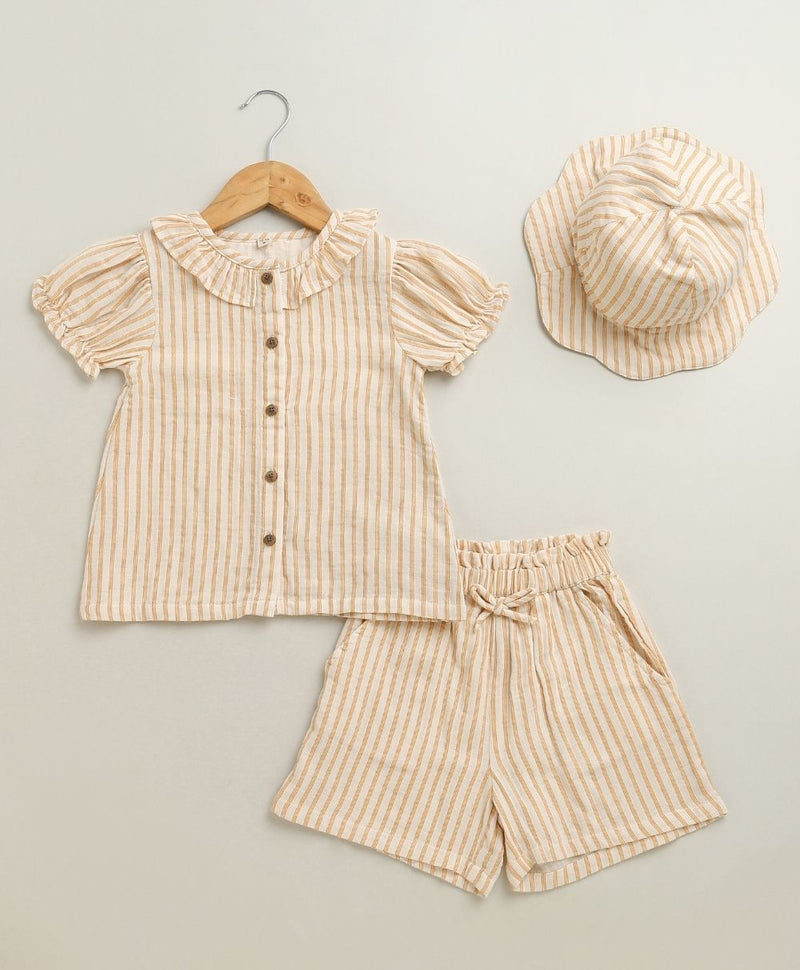 Sweetlime By AS Baby Girls Honey Stripe Organic Cotton Co-ord Set with a Hat - Beige