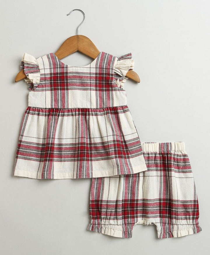 Sweetlime By AS Classic Plaid Ruffle Sleeve Top and Shorts Co-ord Set - White &amp; Red