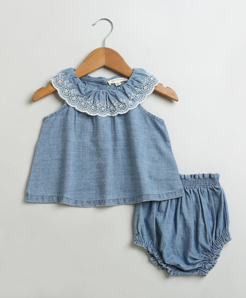 Sweetlime By AS Cotton Denim Ruffle Dress &amp; Bloomer Set - Blue