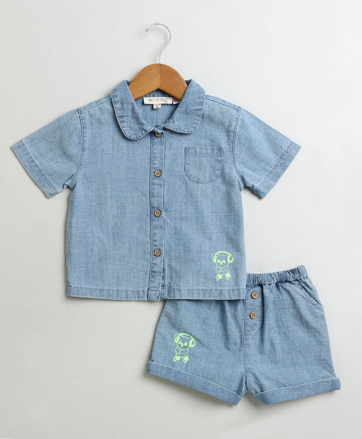 Sweetlime By AS Cotton Denim Shirt &amp; Shorts Co-ord Set - Blue