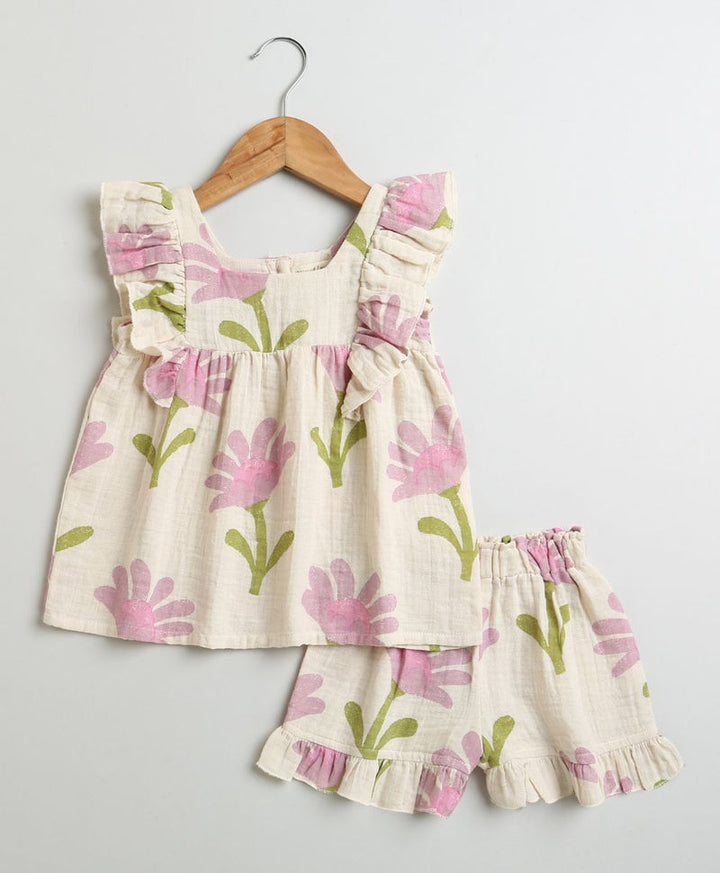 Sweetlime By AS Daisy Print Ruffle Organic Cotton Co-ord Set - Beige