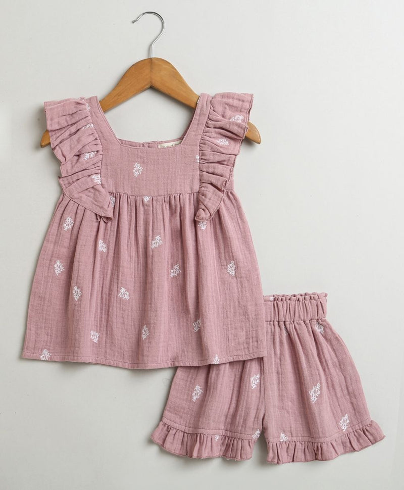 Sweetlime By AS Leaf Embroidered Ruffle Organic Cotton Co-ord Set - Dusty Pink