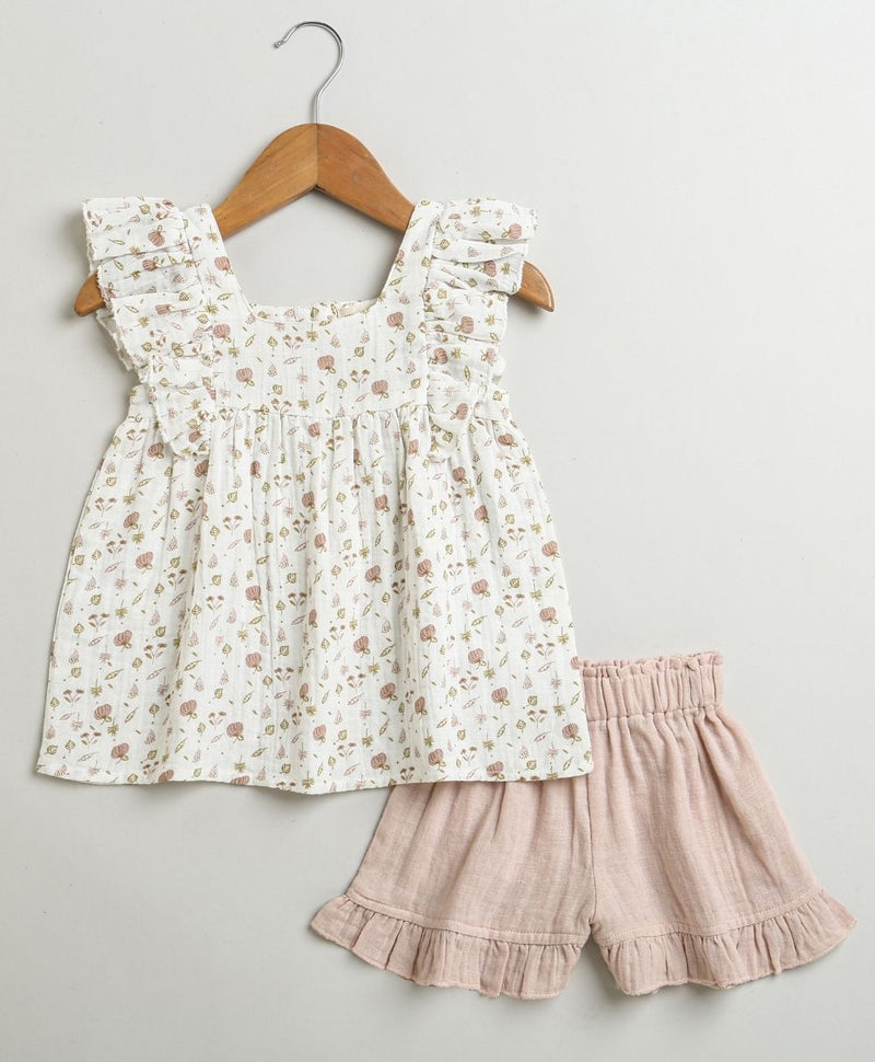 Sweetlime By AS Pumpkin &amp; Floral Print Ruffle Organic Cotton Co-ord Set - Off-White &amp; Peach
