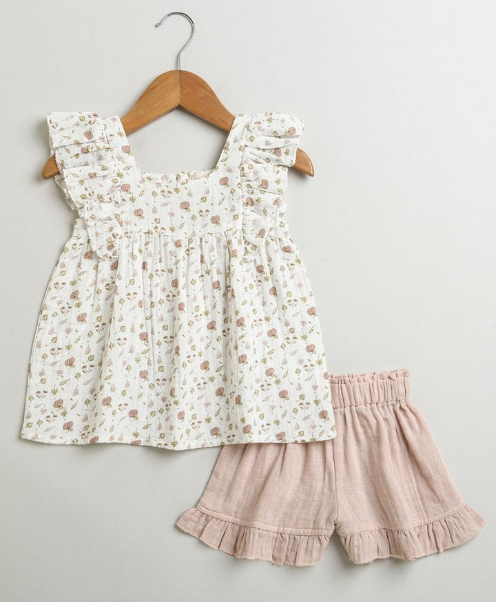 Sweetlime By AS Pumpkin &amp; Floral Print Ruffle Organic Cotton Co-ord Set - Off-White &amp; Peach
