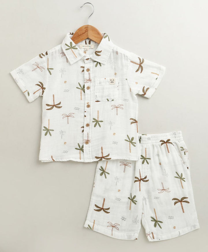 Sweetlime By AS Tropical Breeze Cotton Co-ord Set - White(Double Cloth)