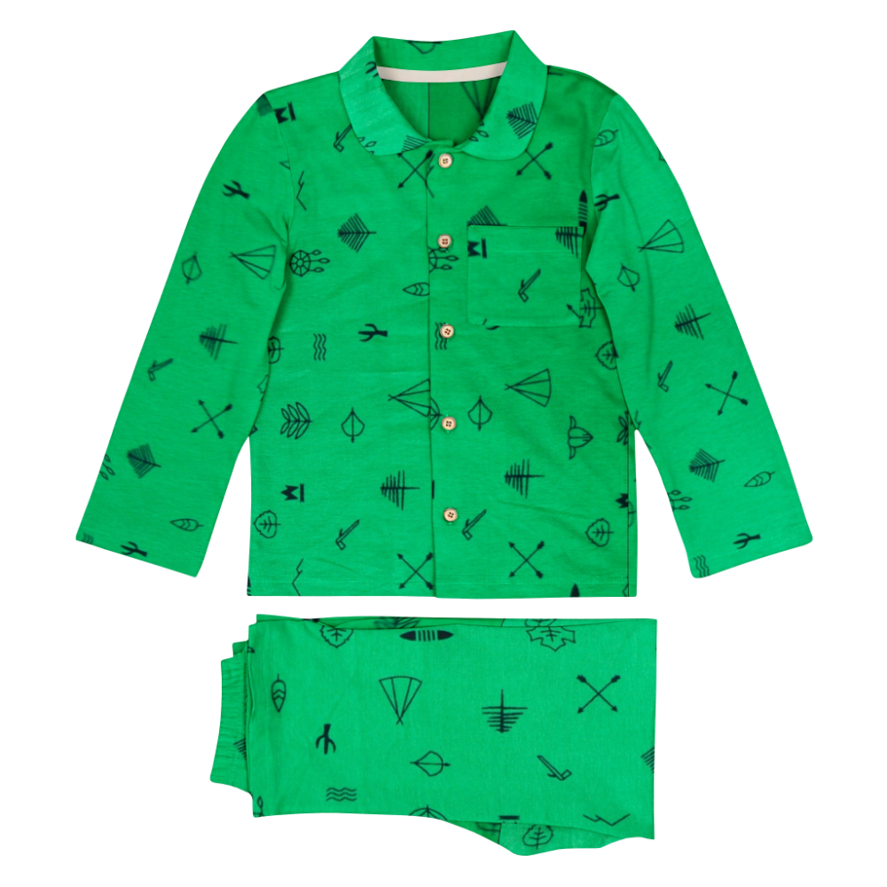 The Baby Atelier Full Sleeved Collared Pajama Set - Green Line Drawing