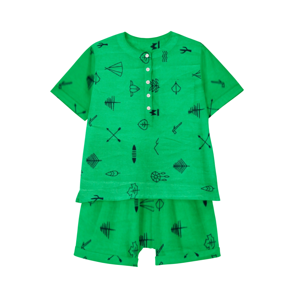 The Baby Atelier Pajama Shorts Set - Green Line Drawing