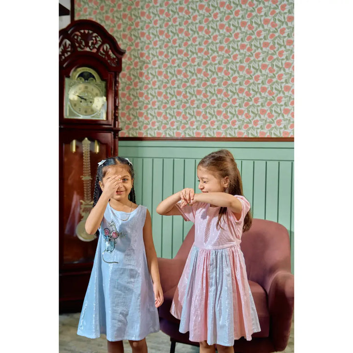 The Baby Trunk Metallic Panel Dress For Girls - Pink &amp; Grey
