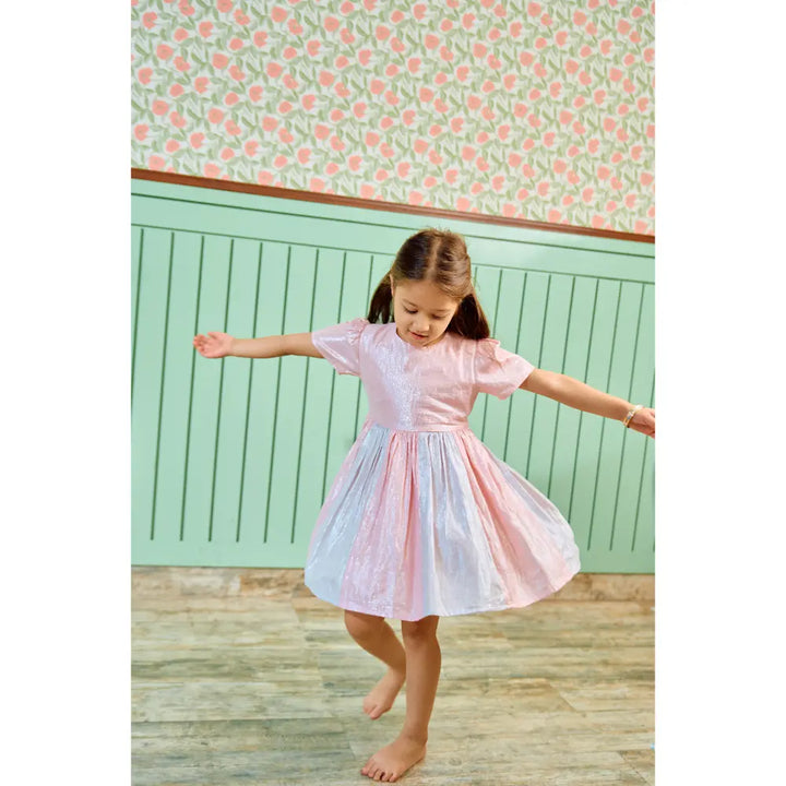The Baby Trunk Metallic Panel Dress For Girls - Pink &amp; Grey