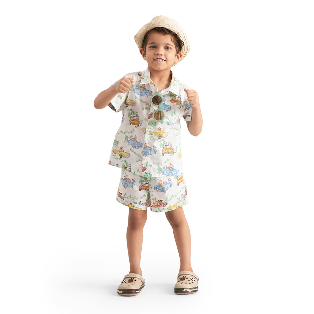 The Baby Trunk Cotton Co-ord Set : Car print shirt and shorts