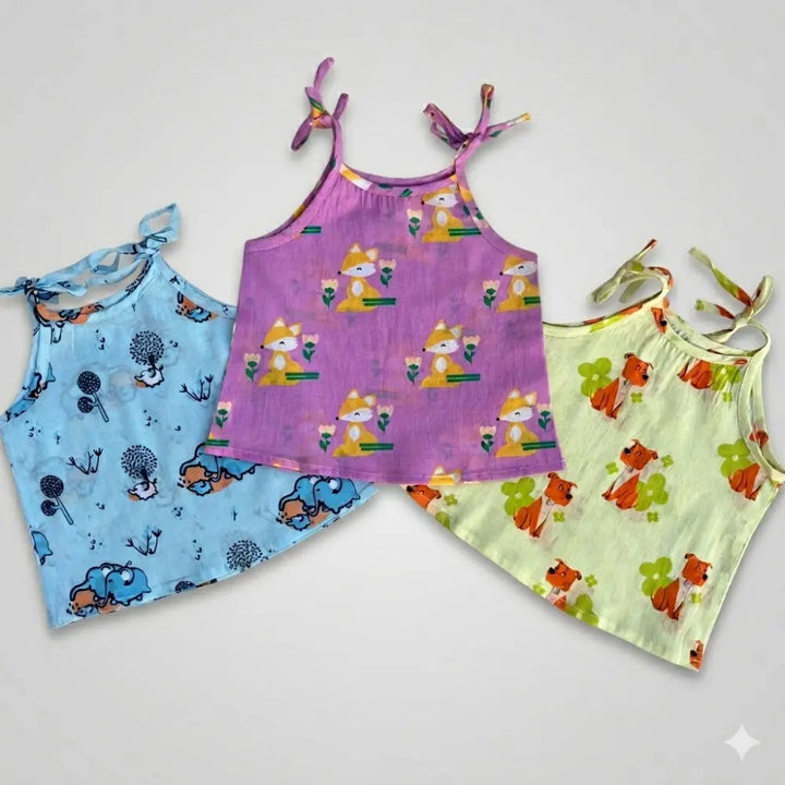 Bhaakur Organic Cotton Set of 3 Printed Tie-up Tops For Girls- Animal Fam - Multicolour