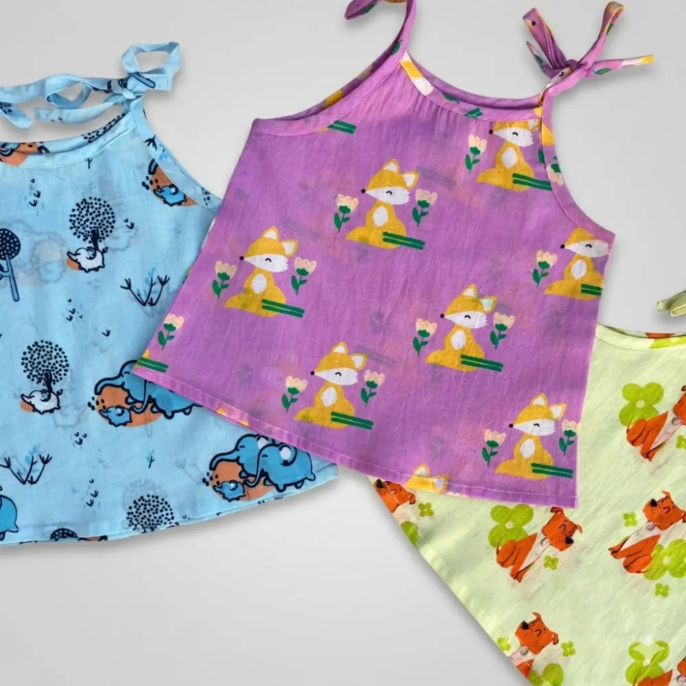 Bhaakur Organic Cotton Set of 3 Printed Tie-up Tops For Girls- Animal Fam - Multicolour