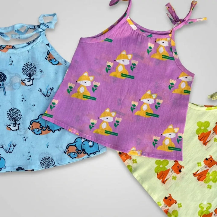 Bhaakur Organic Cotton Set of 3 Printed Tie-up Tops For Girls- Animal Fam - Multicolour