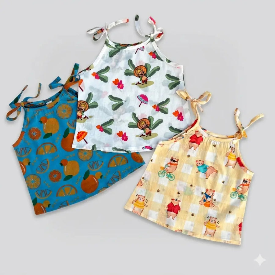 Bhaakur Organic Cotton Set of 3 Printed Tie-up Tops For Girls- Mahabali - Multicolour