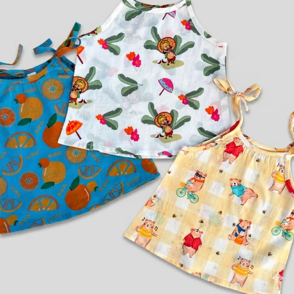 Bhaakur Organic Cotton Set of 3 Printed Tie-up Tops For Girls- Mahabali - Multicolour