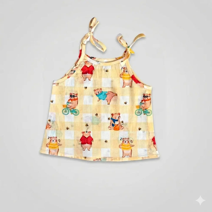 Bhaakur Organic Cotton Set of 3 Printed Tie-up Tops For Girls- Mahabali - Multicolour