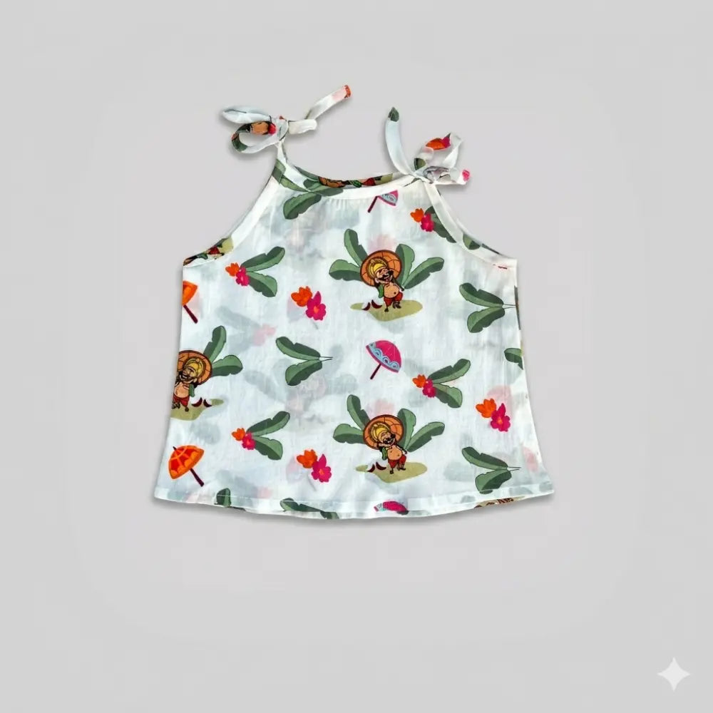 Bhaakur Organic Cotton Set of 3 Printed Tie-up Tops For Girls- Mahabali - Multicolour