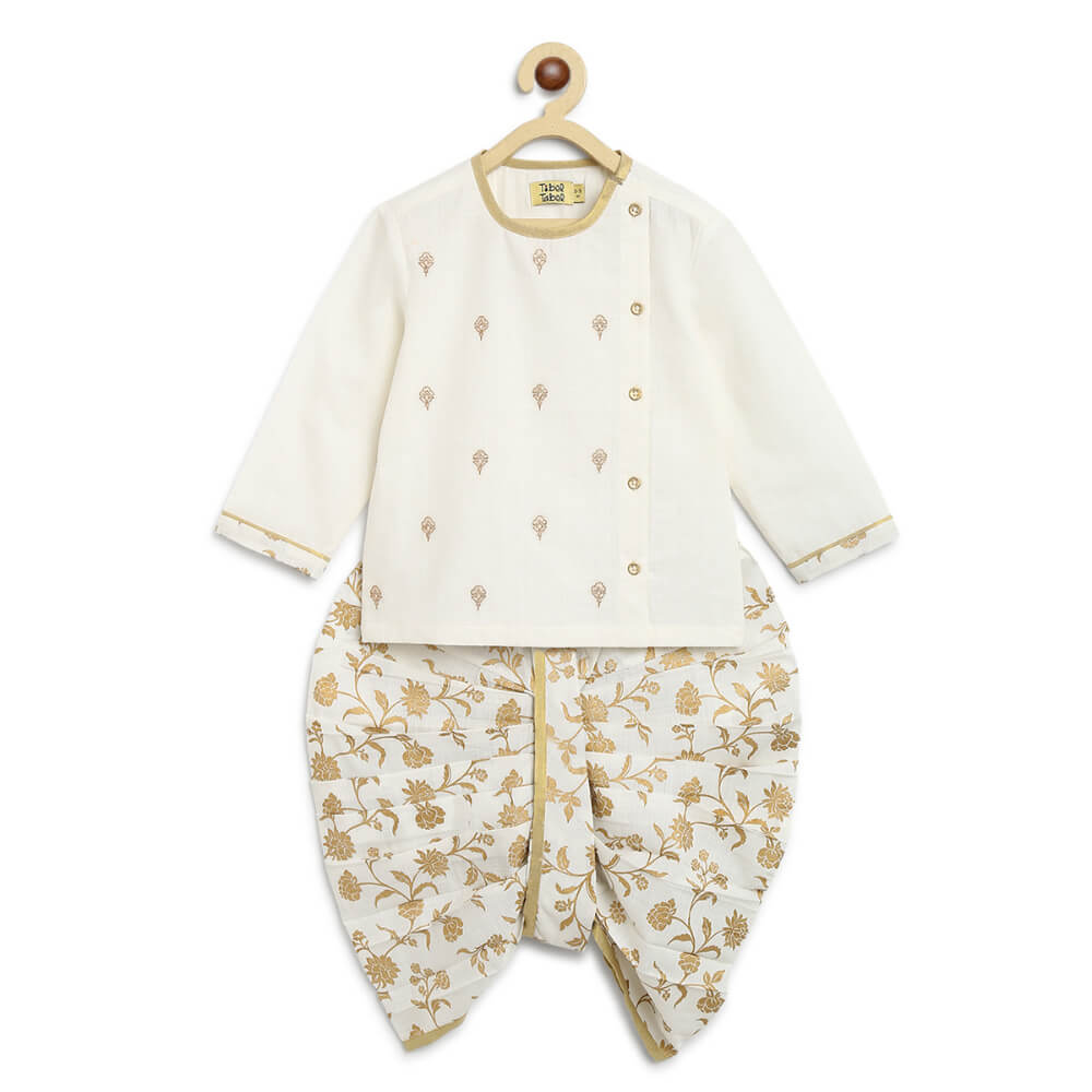 Tiber Taber Baby Boy Dhoti Kurta Premium Cotton Set Embroidered- White