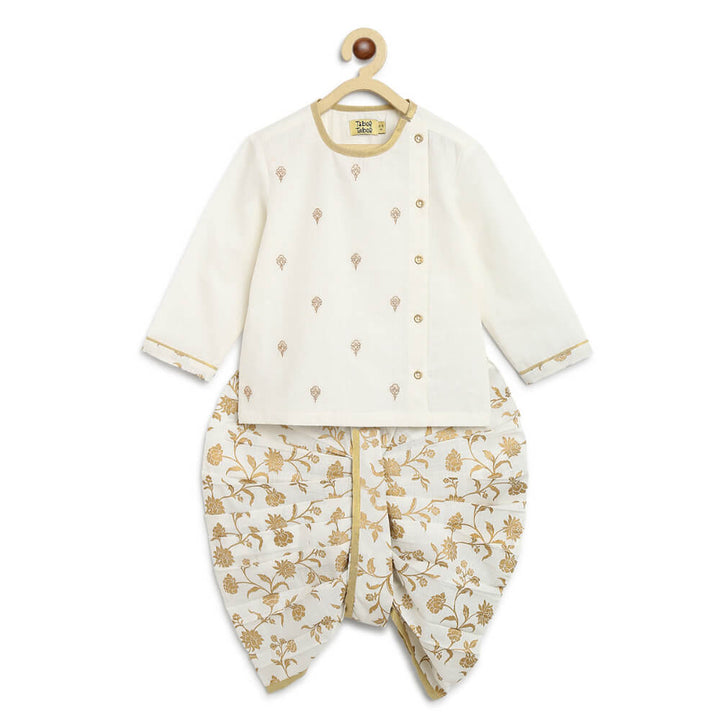 Tiber Taber Baby Boy Dhoti Kurta Premium Cotton Set Embroidered- White