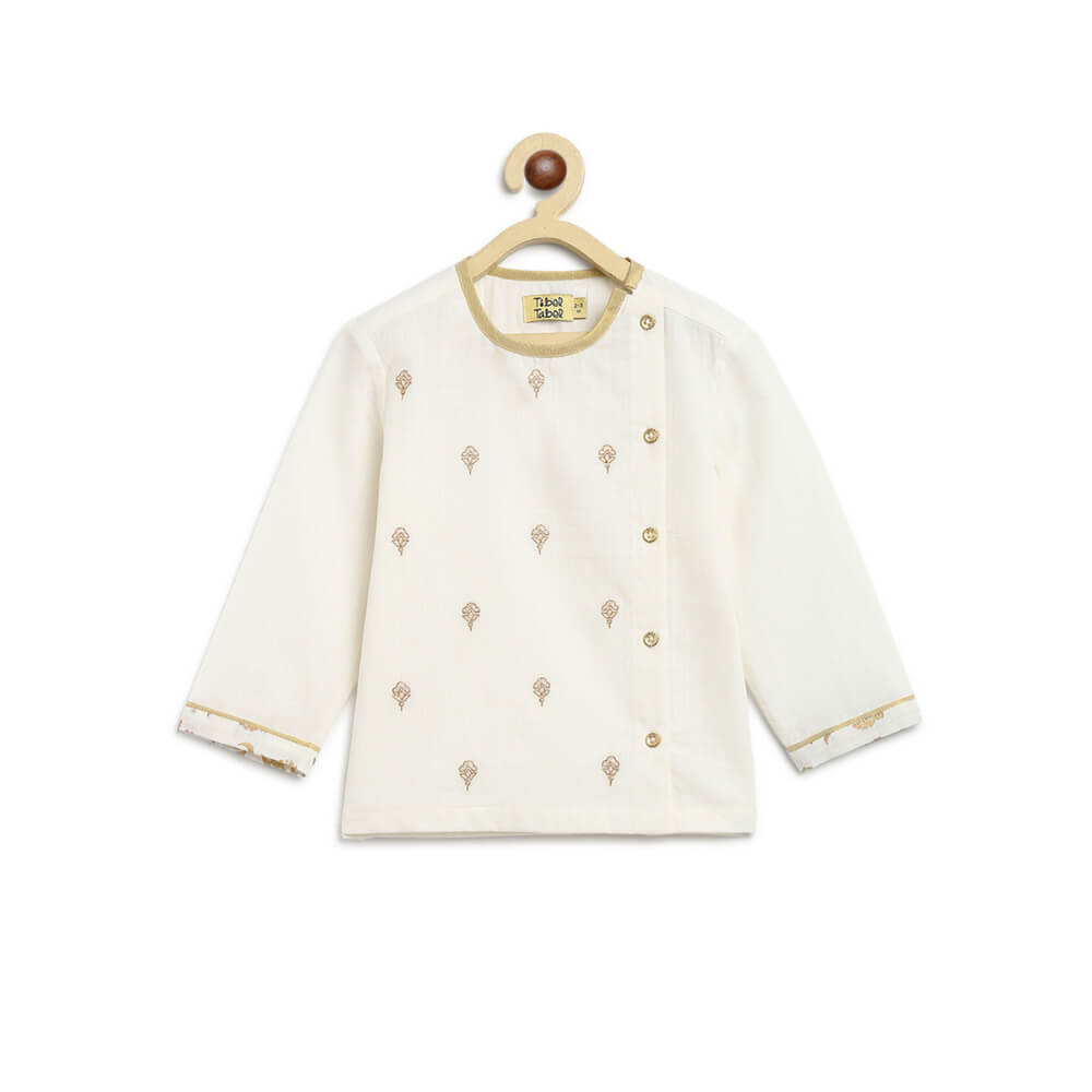 Tiber Taber Baby Boy Dhoti Kurta Premium Cotton Set Embroidered- White