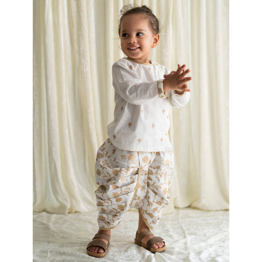Tiber Taber Baby Boy Dhoti Kurta Premium Cotton Set Embroidered- White