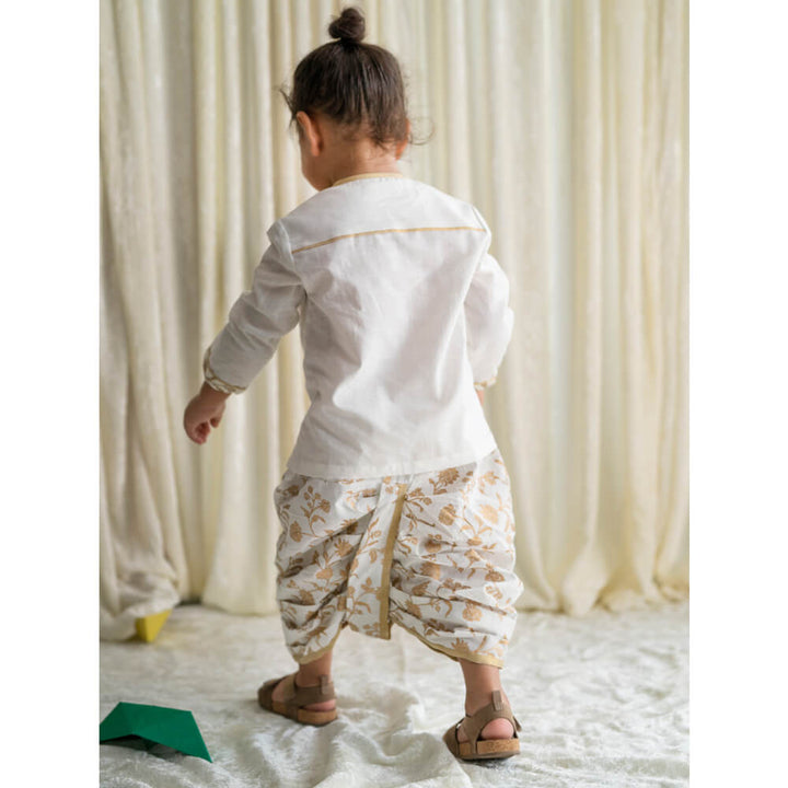 Tiber Taber Baby Boy Dhoti Kurta Premium Cotton Set Embroidered- White