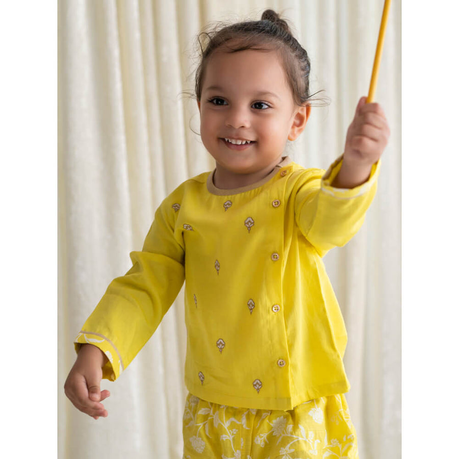 Tiber Taber Baby Boy Dhoti Kurta Premium Cotton Set Embroidered- Yellow