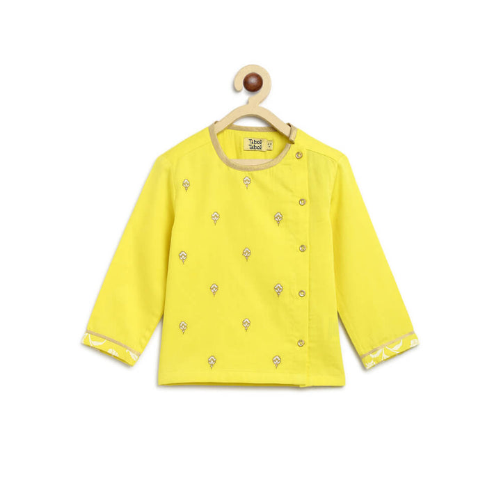 Tiber Taber Baby Boy Dhoti Kurta Premium Cotton Set Embroidered- Yellow